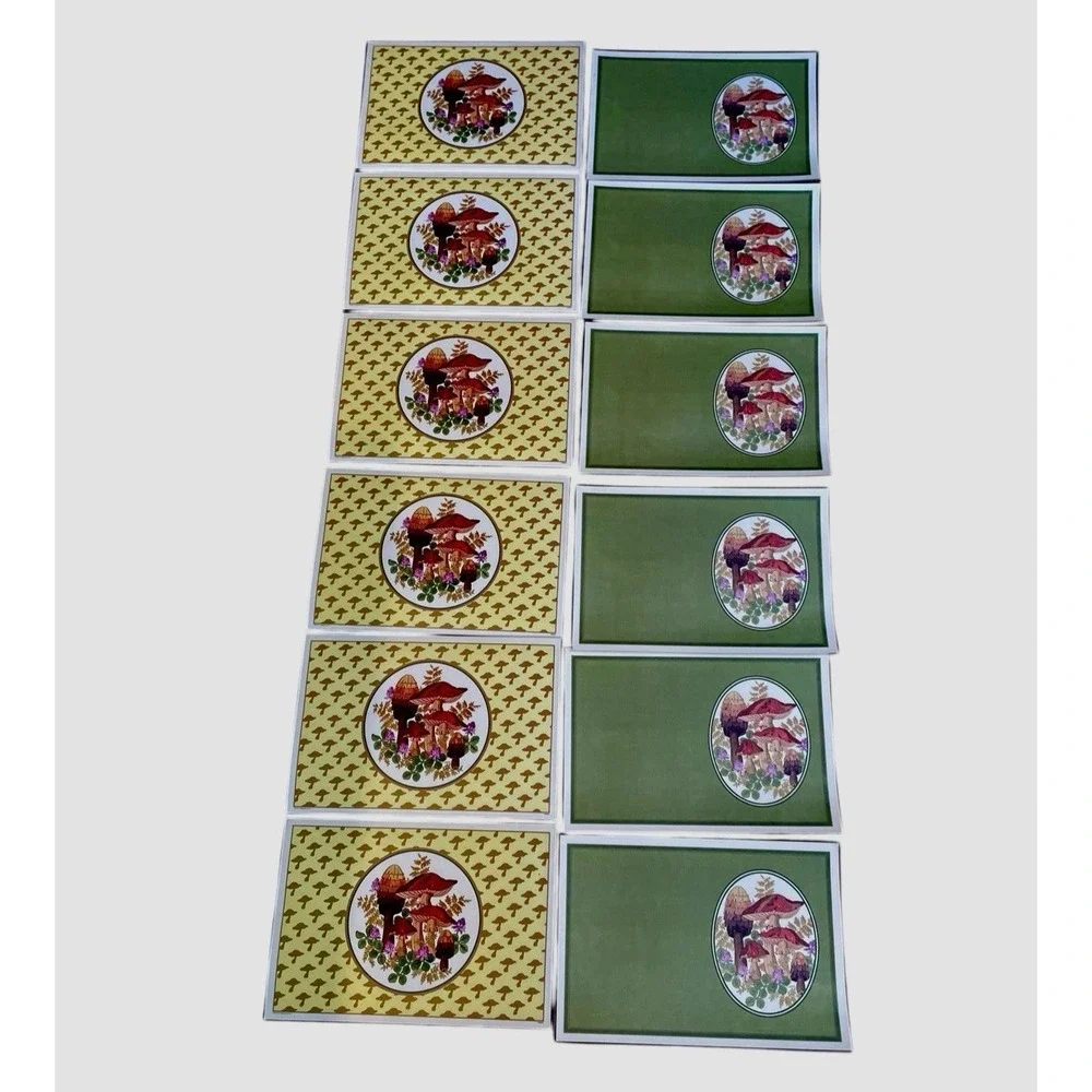 Vintage 70s MCM Mushroom Placemats Set 12 Green Reversible Retro Cottagecore